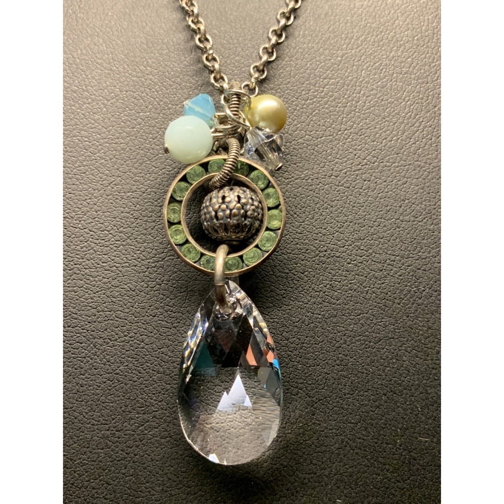 Liz Palacios SF Crystal Drop Pendant Necklace Silver Tone Green Blue Beads 18in